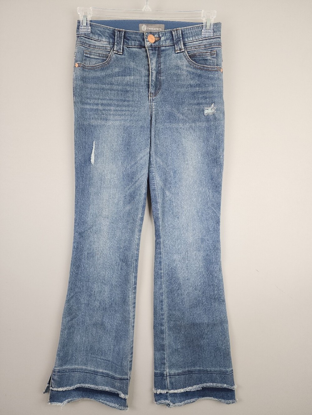 Democracy Blue Distressed Flare Jeans Sz 4 Ab Technology